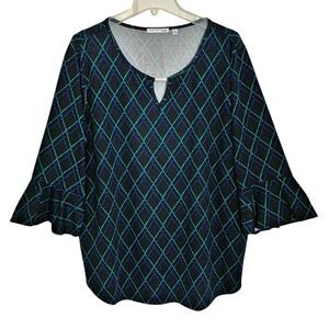 Notations Knit Blouse Top Womens Size 1X Blue Green Harlequin 3/4 Bell Sleeve